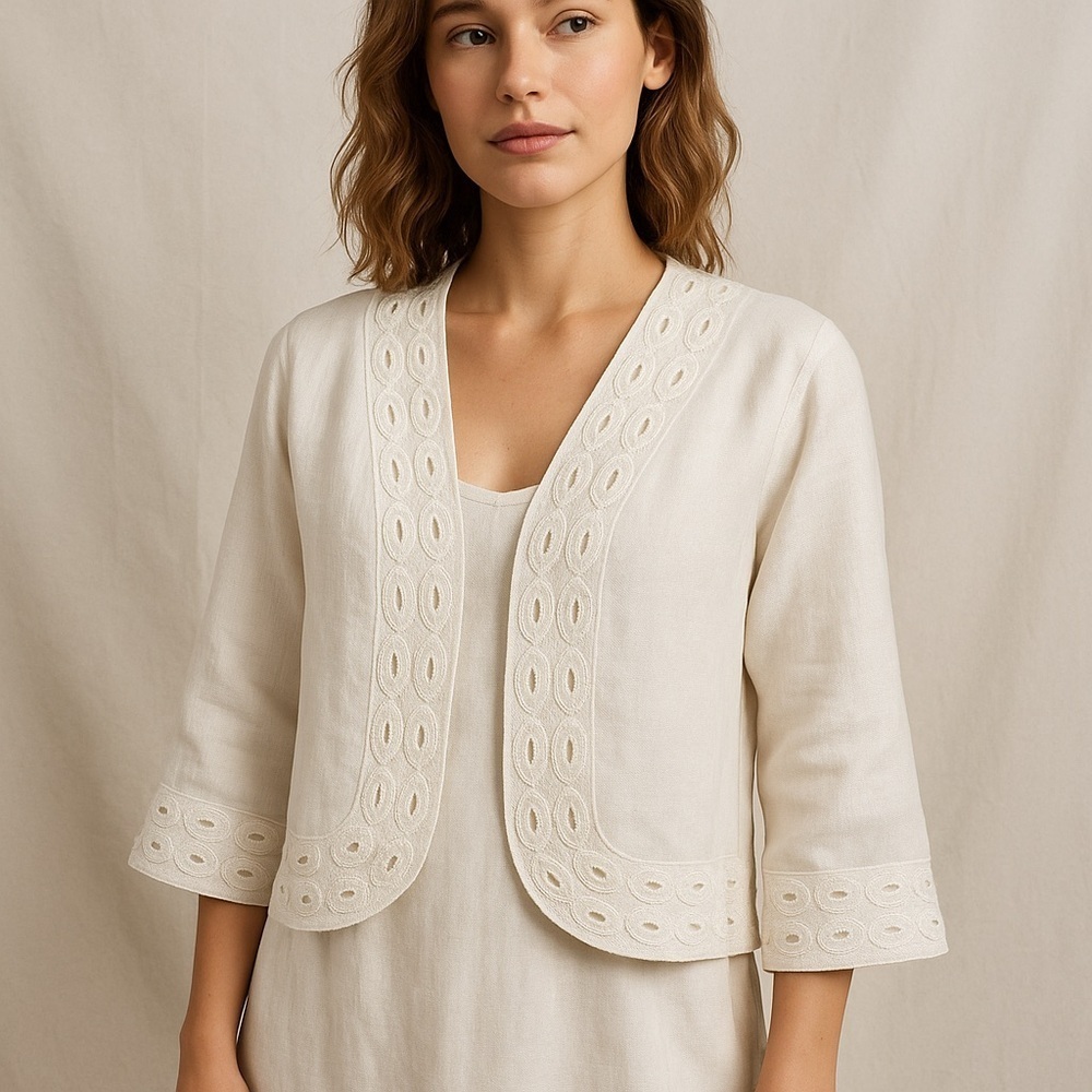 JSong collection linen layering jacket wearable art embroidery white size 12